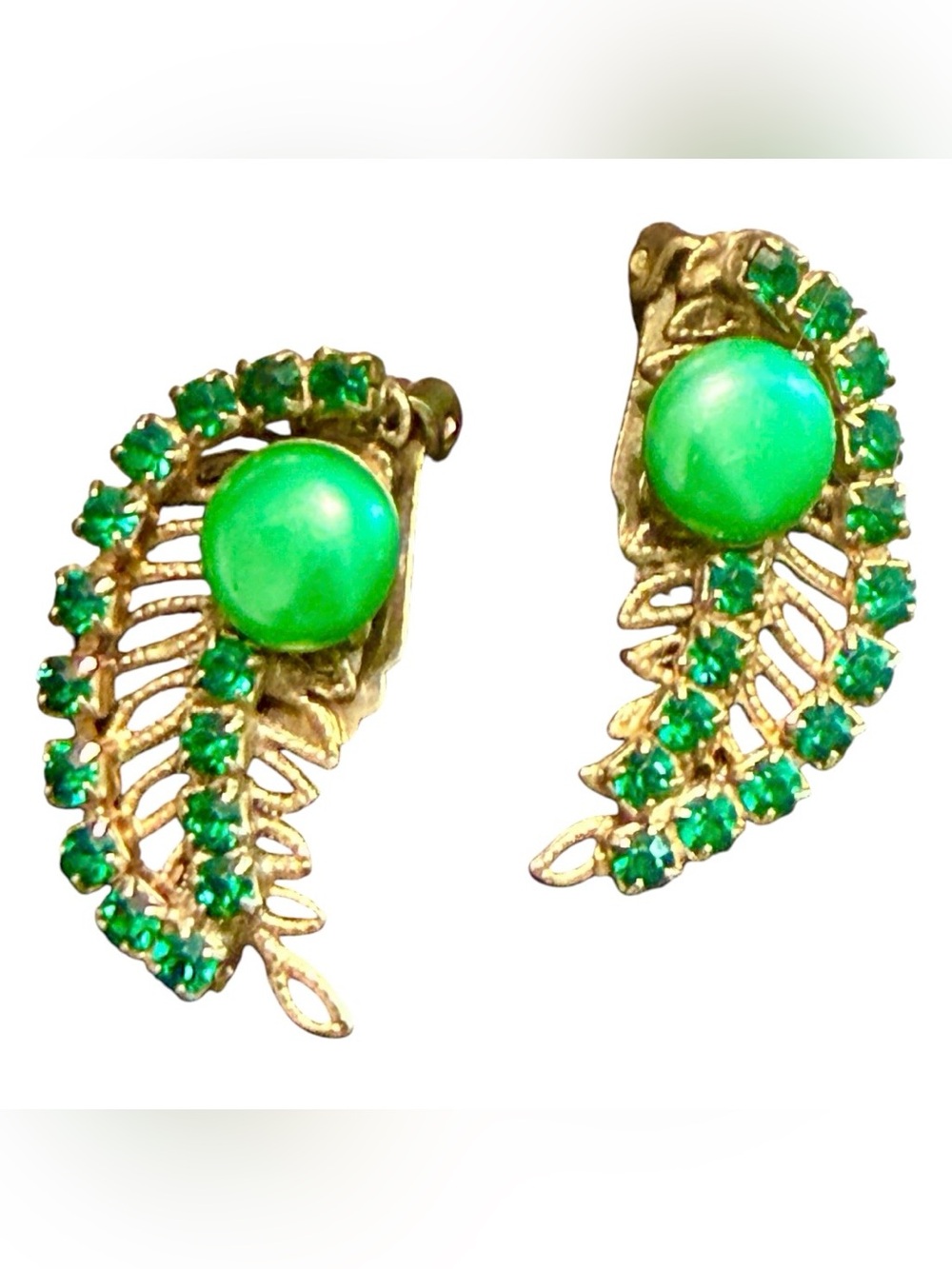 Vintage 1950’s Gold Green Cabochon and Rhinestone Leaf Clip On Earrings, 1.5”